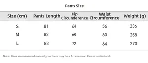 Tableau des tailles pour pantalons de yoga incluant longueur, taille et hanches en cm