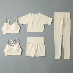 Ensemble de yoga 5 pièces blanc cassé sans couture avec brassières, haut court et leggings