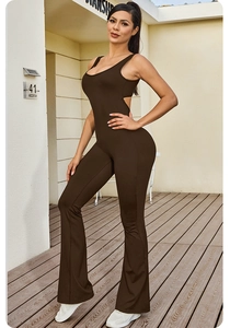 Close-up of brown sleeveless yoga jumpsuit with side cut-outs and flared leg design