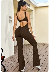 Deep brown backless yoga jumpsuit with ruched peach lift and flared leg detail