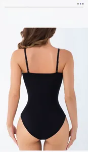 Detail of high-elastic back design and zipper closure on the black shapewear bodysuit