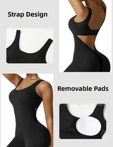 Close-up of black backless yoga jumpsuit featuring strap design and removable pads