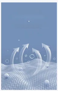 Close-up of blue breathable mesh fabric with arrows showing airflow and cooling