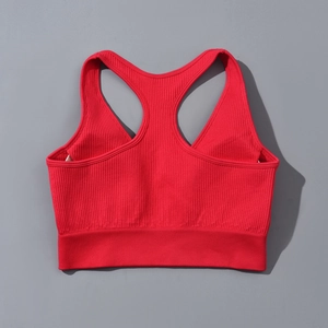 Détail du dos nageur du soutien-gorge de sport rouge sans couture à fines côtes