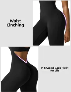 Detail view of high waist slimming and V-back ruched scrunch butt yoga jumpsuit