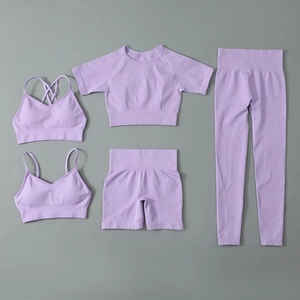 Ensemble de yoga 5 pièces lavande sans couture avec brassières, crop top et leggings