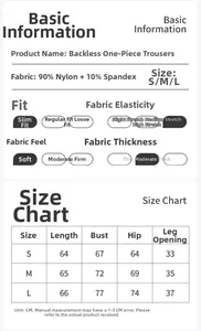 Detailed size chart for the seamless ribbed athletic yoga bodysuit showing S, M, L dimensions