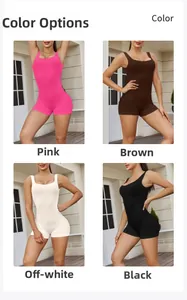 Detailed view of seamless ribbed rompers in peach, brown, off-white, and black colors
