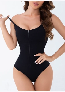 Detailed front view of black bodysuit with zipper closure and thin adjustable straps
