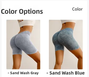 Vue détaillée du short de yoga sans couture délavé au sable en gris et bleu avec effet galbant