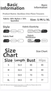 Size chart showing nylon yoga bodysuit measurements for S, M, L, and XL sizes