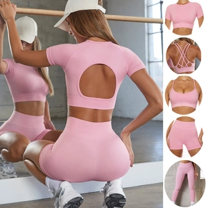Costume de Yoga Sans Couture pour Femmes Leggings Taille Haute Crop Top Manches Courtes Ensembles de Gym Soutien-Gorge de Sport