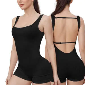 Seamless Ribbed Athletic Bodysuit For Women Sexy Backless One Piece Sports Romper Quick Dry Fitness Yoga Workout Jumpsuit