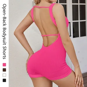 Seamless ribbed yoga jumpsuit for women featuring backless design and thin straps