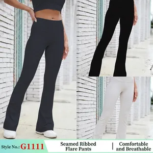 Women High Waist Ribbed Flare Yoga Pants Slim Fit Butt Lifting Solid Color Stretchy Workout Fitness Sports Trousers