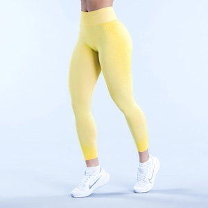 Détail du legging de yoga sans couture à taille haute avec effet dégradé de jaune