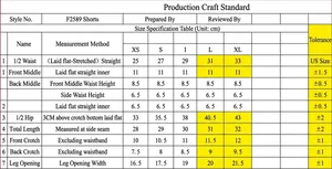 Detailed size chart for seamless low-rise yoga shorts showing measurements in centimeters