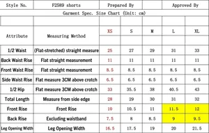 Detailed size chart for seamless yoga shorts showing waist, hip, and length in centimeters