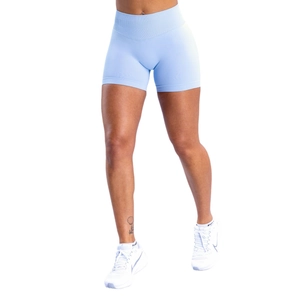 Seamless light blue high-waisted yoga biker shorts with ribbed texture for fitness and gym