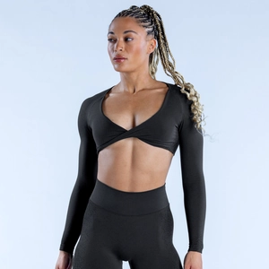 Women Sexy Deep V Neck Yoga Crop Top Twist Knot Long Sleeve Sports T-Shirt Slim Fit Workout Gym Activewear Top