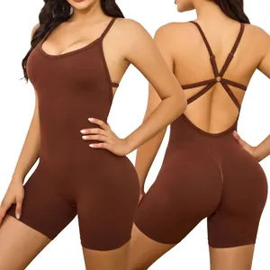 Combinaison de Yoga Sans Couture Femmes Dos Nu Sangles Croisées Barboteuse de Gym Côtelé Body de Fitness