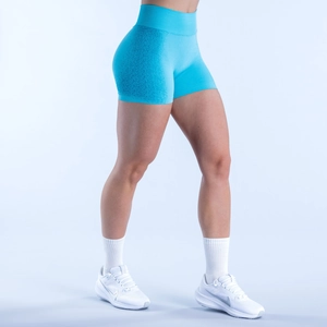 Dettaglio dei pantaloncini yoga blu brillante senza cuciture con trama a maglia fine