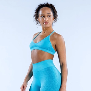Ensemble de yoga bleu sans couture pour femme avec brassière col V et legging