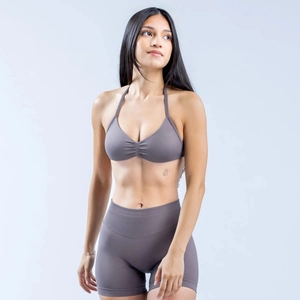 High elasticity halter neck sports bra and high-waisted shorts set in dark purple tone