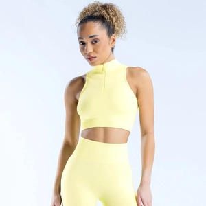 Detail of high-impact yellow sports vest with front zipper and stand-up collar