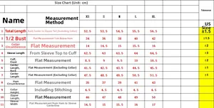 Detailed size chart in centimeters for nylon slim fit long sleeve zip-up sports jacket