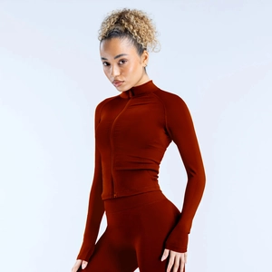 Slim fit dark red nylon zip-up long sleeve sports jacket and leggings fitness set