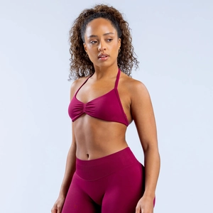Two-piece matte high-stretch burgundy sports set with halter bra and high-waist yoga pants