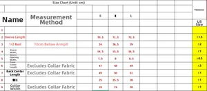 Tableau des tailles détaillé pour veste de fitness coupe ajustée en tailles S, M, L