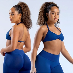 Women High Elastic Matte Yoga Set Halter Neck Sports Bra Ruched Top And Bottom Nylon Spandex Gym Fitness Athletic Outfit