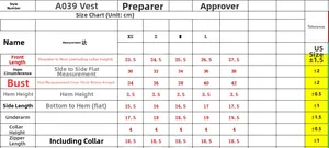 Detailed size chart for high-impact sports vest with zipper and measurement specifications