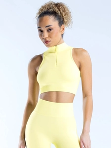 High-impact pale yellow sports bra and high-waisted leggings yoga set with front zipper