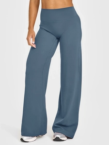 Front view of high waisted wide leg yoga pants in dark grey blue breathable fabric