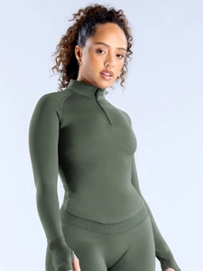 Veste de Yoga Femme Coupe Ajustée Demi-Fermeture Éclair Manches Courtes Passe-Pouces Nylon Élasthanne Respirant Haut de Sport