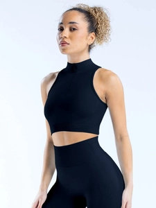 High impact black high-neck zip-up sports vest and high waist seamless yoga set