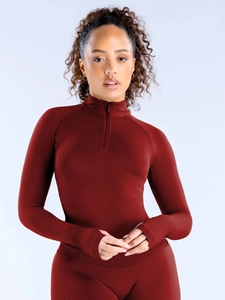 Veste de fitness slim pour femme avec demi-zip en tissu nylon extensible bordeaux foncé