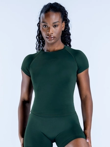 T-Shirt de Sport Sans Couture pour Femmes Haute Élasticité Respirant Yoga Athlétique Manches Courtes Coupe Ajustée Mat Top