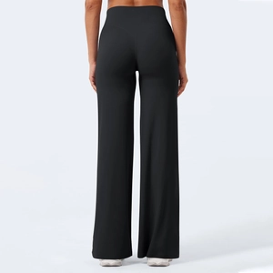 High-waisted wide-leg black yoga pants with slimming V-cut back for fitness and casual wear