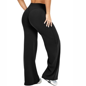 Women's high waist flared yoga pants in black with wide waistband and V-shape back seam