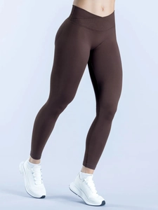 Pantaloni da yoga senza cuciture a vita alta incrociata da donna in marrone cioccolato