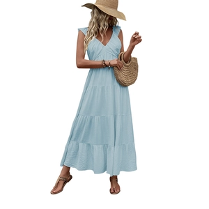Light blue V-neck sleeveless maxi dress with tiered cake skirt and crinkle texture