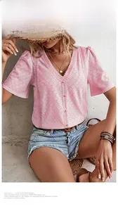 Detail of pink eyelet embroidery V-neck blouse with matching covered buttons