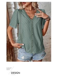Detail of V-neck crochet lace trim and eyelet fabric on green short sleeve shirt