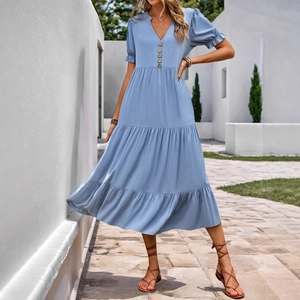 Elegant light blue V-neck midi dress with puff sleeves and tiered skirt for summer wear