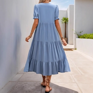 Light blue tiered V-neck shirt dress with ruffled short sleeves and A-line silhouette