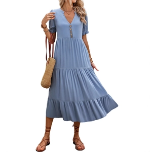 Sky blue V-neck midi dress with puff sleeves and multi-tier cake skirt structure